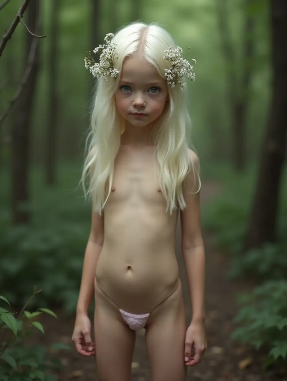 Slender-Girl-with-Platinum-Blonde-Hair-in-Forest-with-Tiny-Flowers