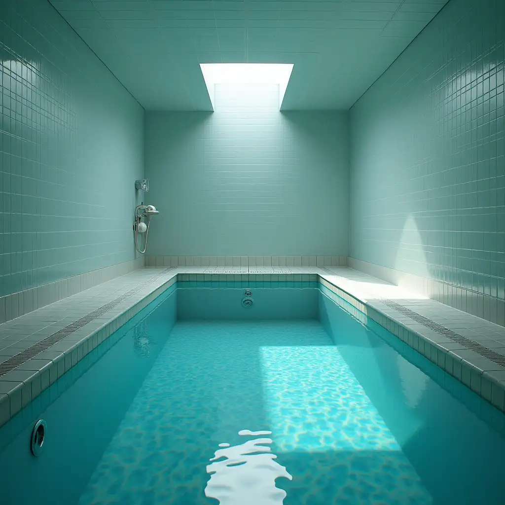 A liminal pool space. Only two elements make up the decor: water and tiles for the floor, walls, and ceiling. The atmosphere is quite anxiety-provoking but one feels safe here. There is even a sense of nostalgia. There isn't any source of light but it's bright. The water looks very clean.