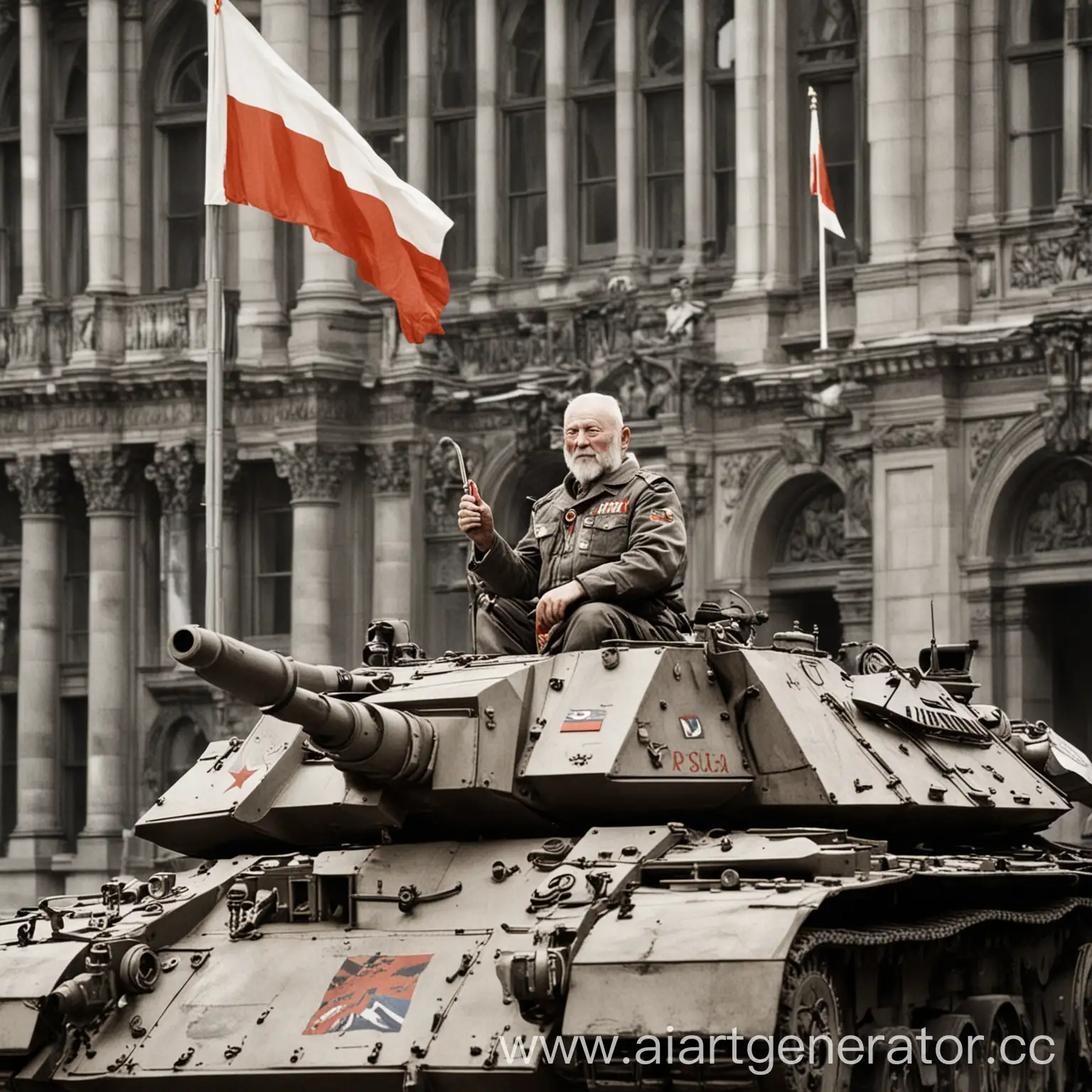 Old-Man-Miyagi-Sitting-on-Armata-Tank-with-Russian-Flag-at-Reichstag-1945