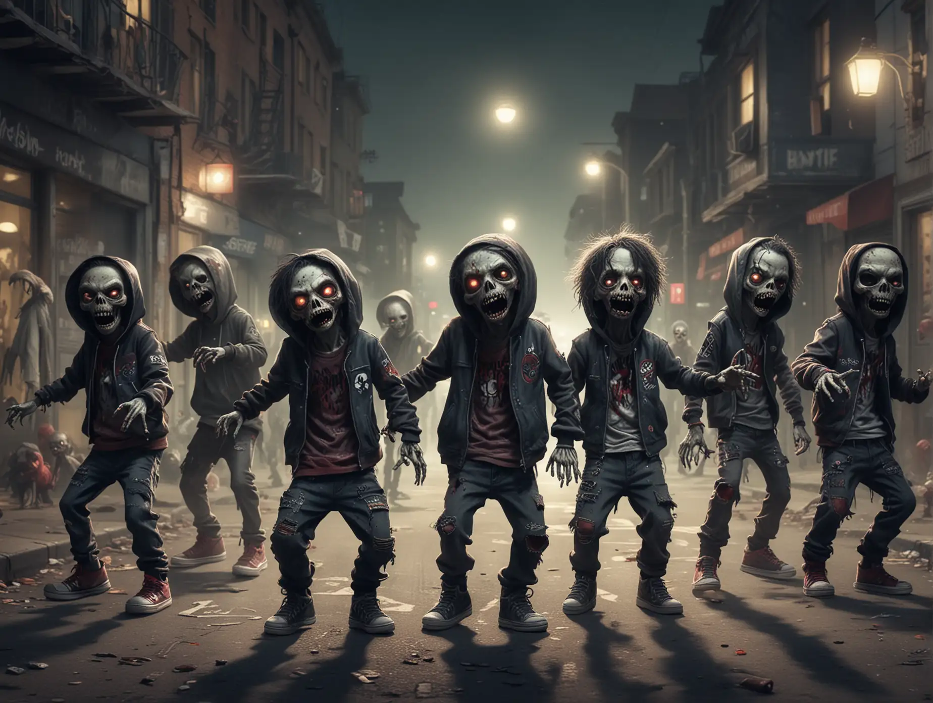 Ten little cute zombies dancing in the street by the nigth, wearing hip hop clothing