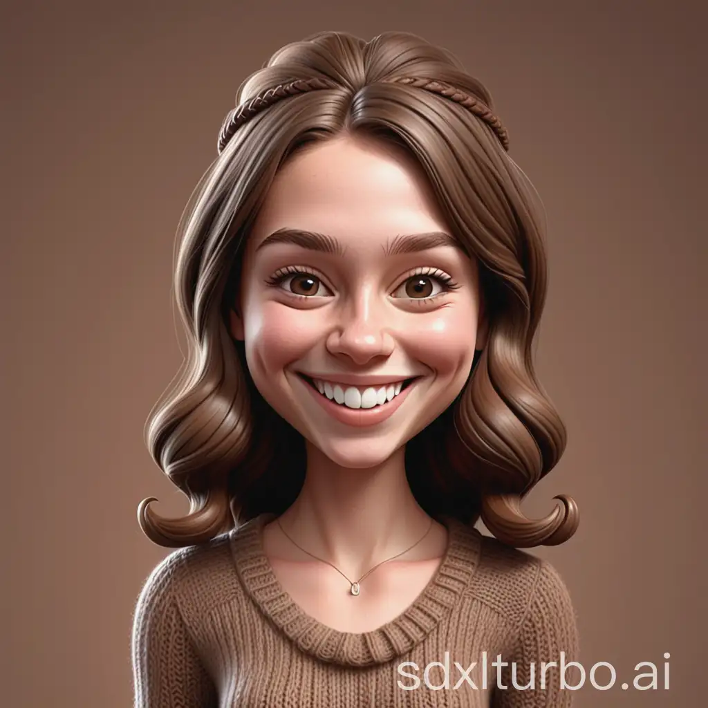 Realistic-Cartoon-3D-Caricature-of-a-Young-Woman-with-a-Pretty-Smile-and-Knitted-Brown-Dress