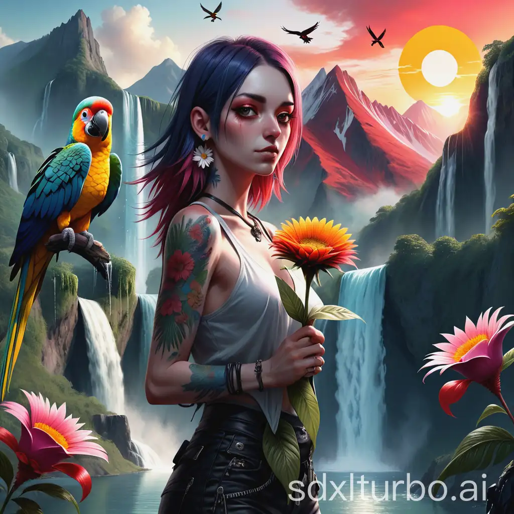 a woman holding a flower, mountain with a waterfall, punk, a dawning sun behind the mountains, parrots flying