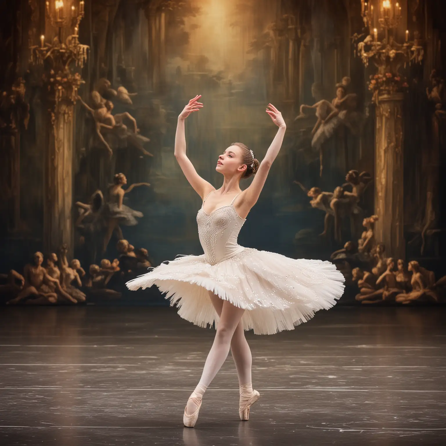 A Prima Ballerina in Swan Lake ballet, lovely background on stage
