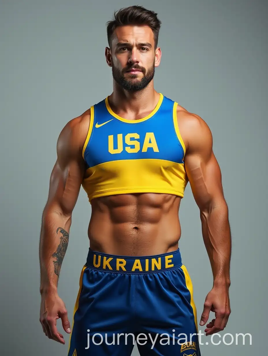 Confident-Male-Athlete-in-USA-Crop-Top-and-Shorts-with-Ukraine-Flag