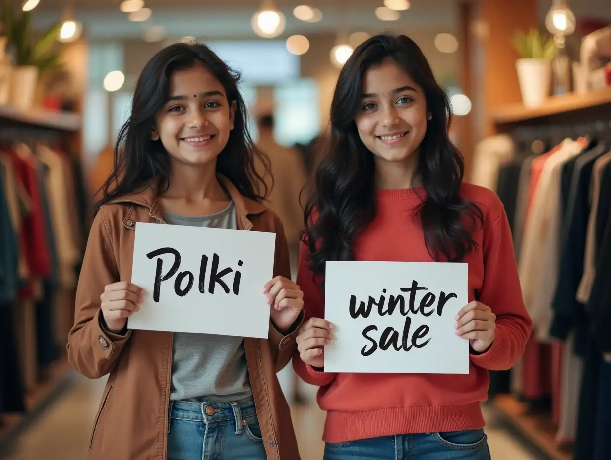 2 Pakistani girls standing in a busy clothing retail store.  1st girl holding a sign which says 'Polkii' and the 2nd girl holding a sign which says 'winter sale'