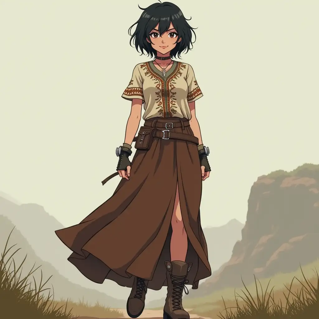 semi-realistic, full-length anime art of a perky and cheerful masochist young woman with an earthy, rustic charm. She has slightly tousled black hair with uneven bangs, expressive eyes with heavy black eyeliner, and a mischievous grin. Her outfit combines a vintage redneck aesthetic with northern ethnic patterns and hints of futuristic elements, including a loose, spacious blouse or t-shirt with folk designs, a very long skirt, and leather BDSM accessories such as handcuffs and a collar with metallic accents. She also wears sturdy leather boots with sci-fi style buckles. She carries an aura of adventure and resilience, her posture confident and defiant. The background is a soft, misty landscape with a slightly otherworldly atmosphere.