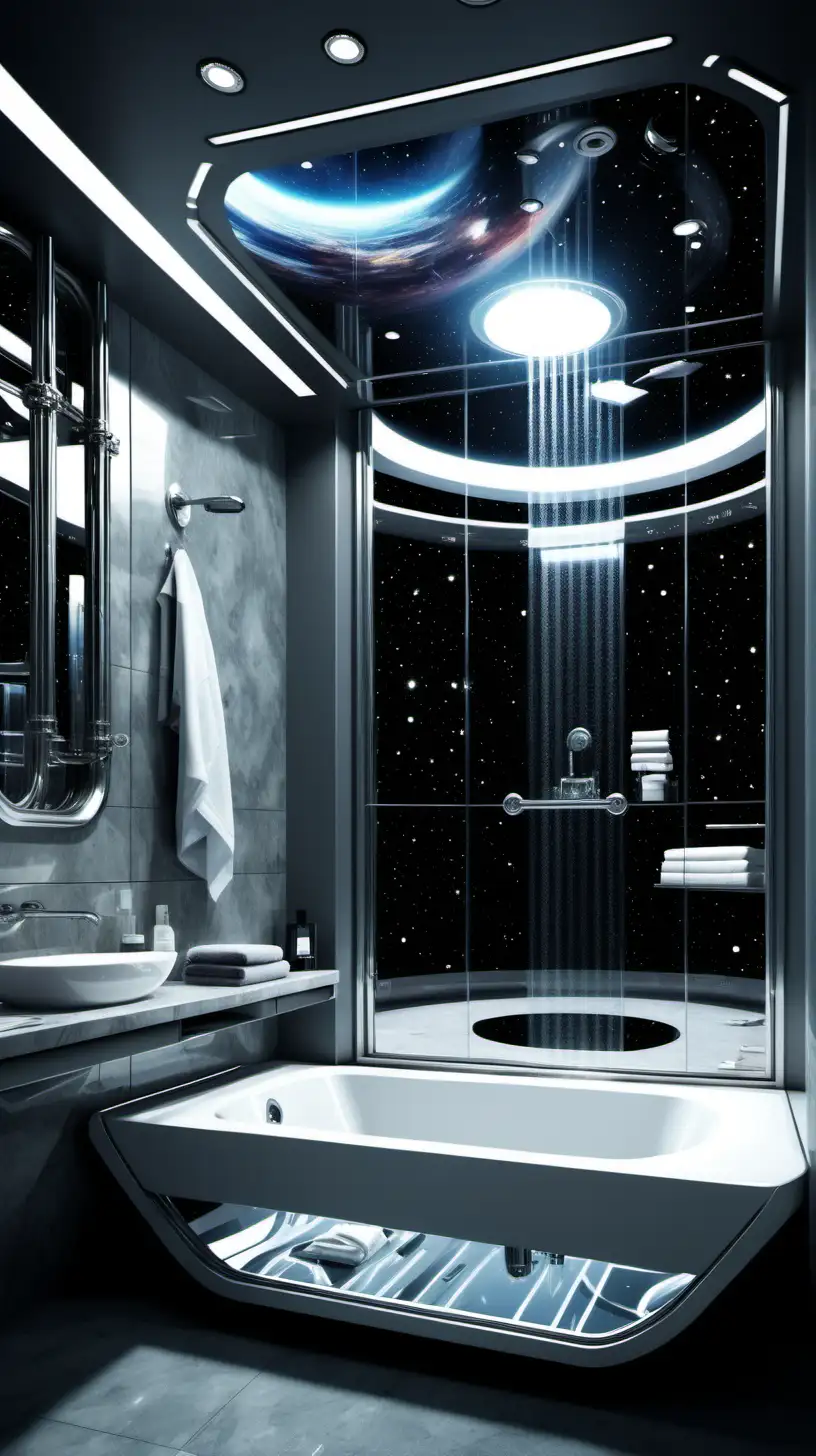 Luxury Bathroom in a Futuristic Space Station with Stunning Galaxy View