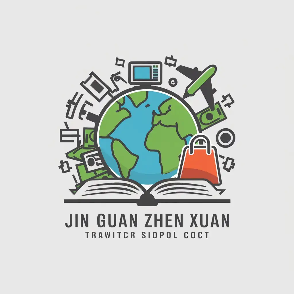 a vector logo design,with the text "Jin Guan Zhen Xuan", main symbol:earth shoppingcart computer money shoppingbag plane internet machinery book,complex,be used in Travel industry,clear background