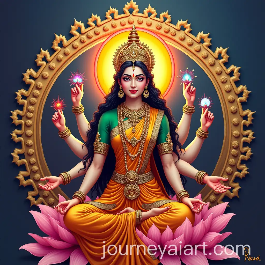 Lalitha-Devi-Surrounded-by-Divine-Symbols-and-Vivid-Colors