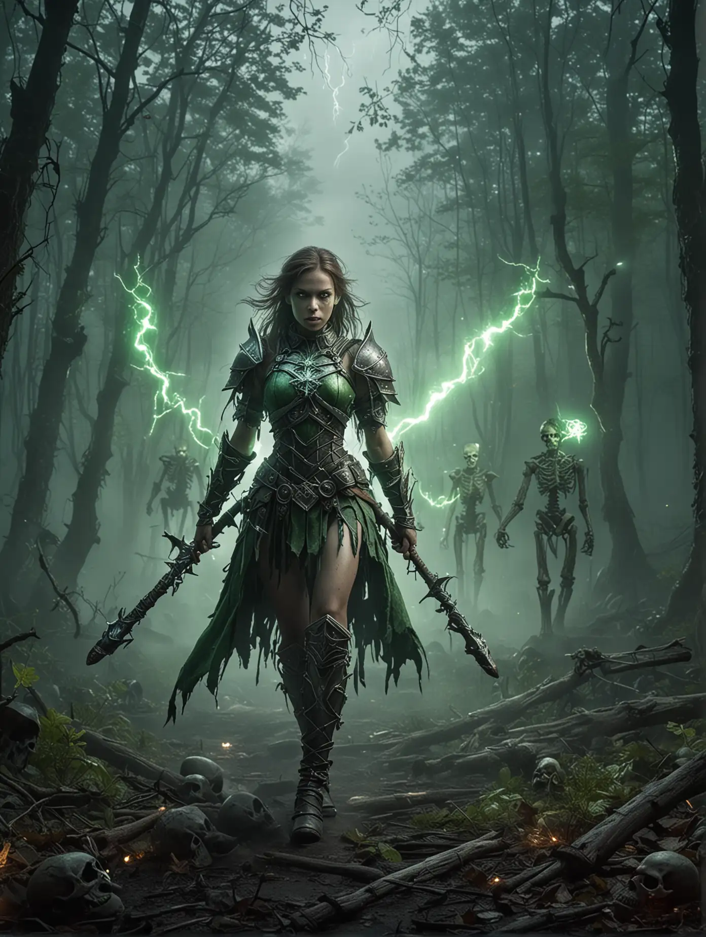 Girl-Warrior-in-Armor-Wielding-Magical-Staff-in-Foggy-Forest-with-Zombies-and-Skeletons