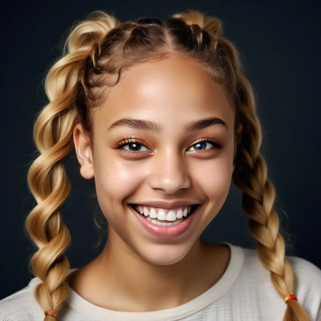 a Anatomic picture of a beautiful young blue eyed mixed race woman with golden-blond wavy hair in pigtails, beige skin, almond shaped eyes and medium lips, laughing shy into the camera