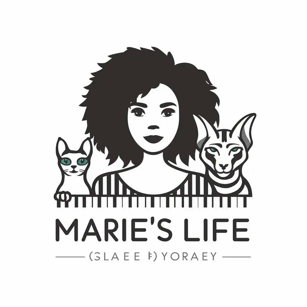 LOGO-Design-For-Maries-Life-Curly-Woman-Sphinx-Cat-and-Piano-in-Minimalistic-Style