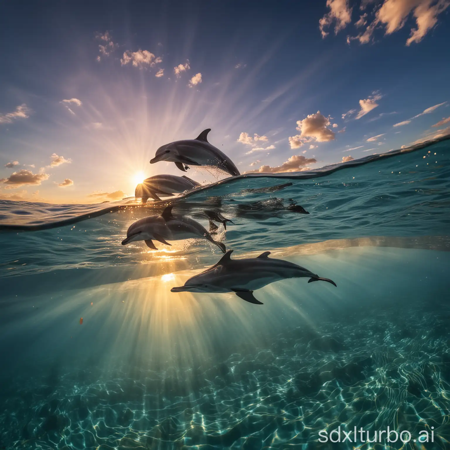 Dolphins-Swimming-Beneath-the-Sunset-in-HalfUnderwater-Scene