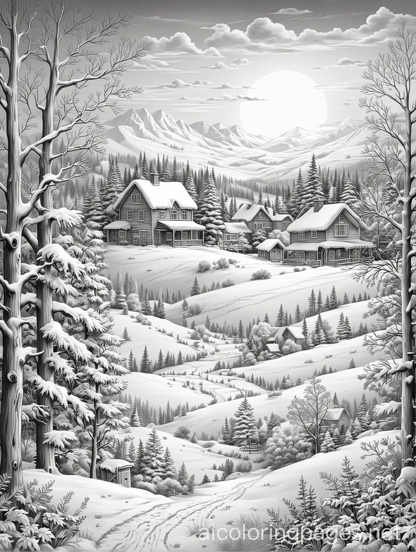 Greyscale-Vintage-Christmas-Landscape-Coloring-Page-for-Kids