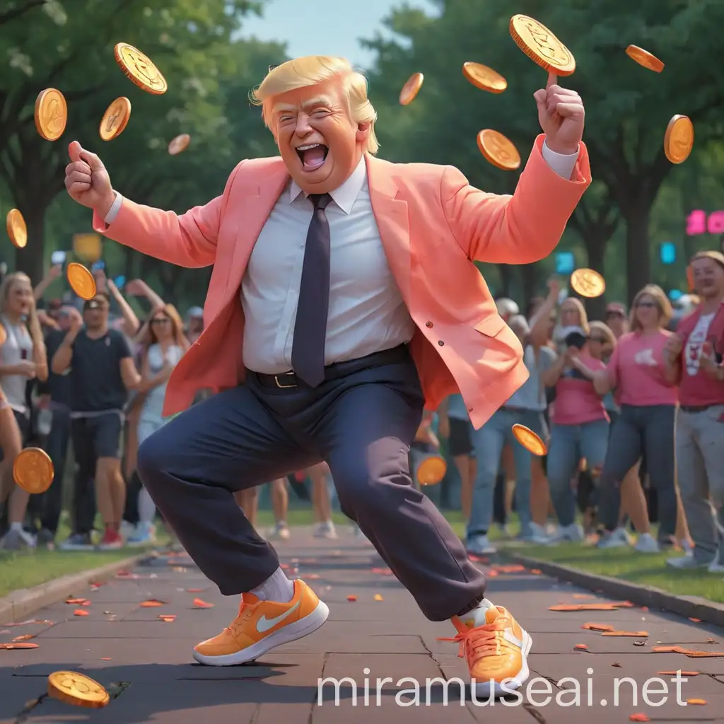 Cheerful Donald Trump Dancing with Bitcoin in a Neon Park