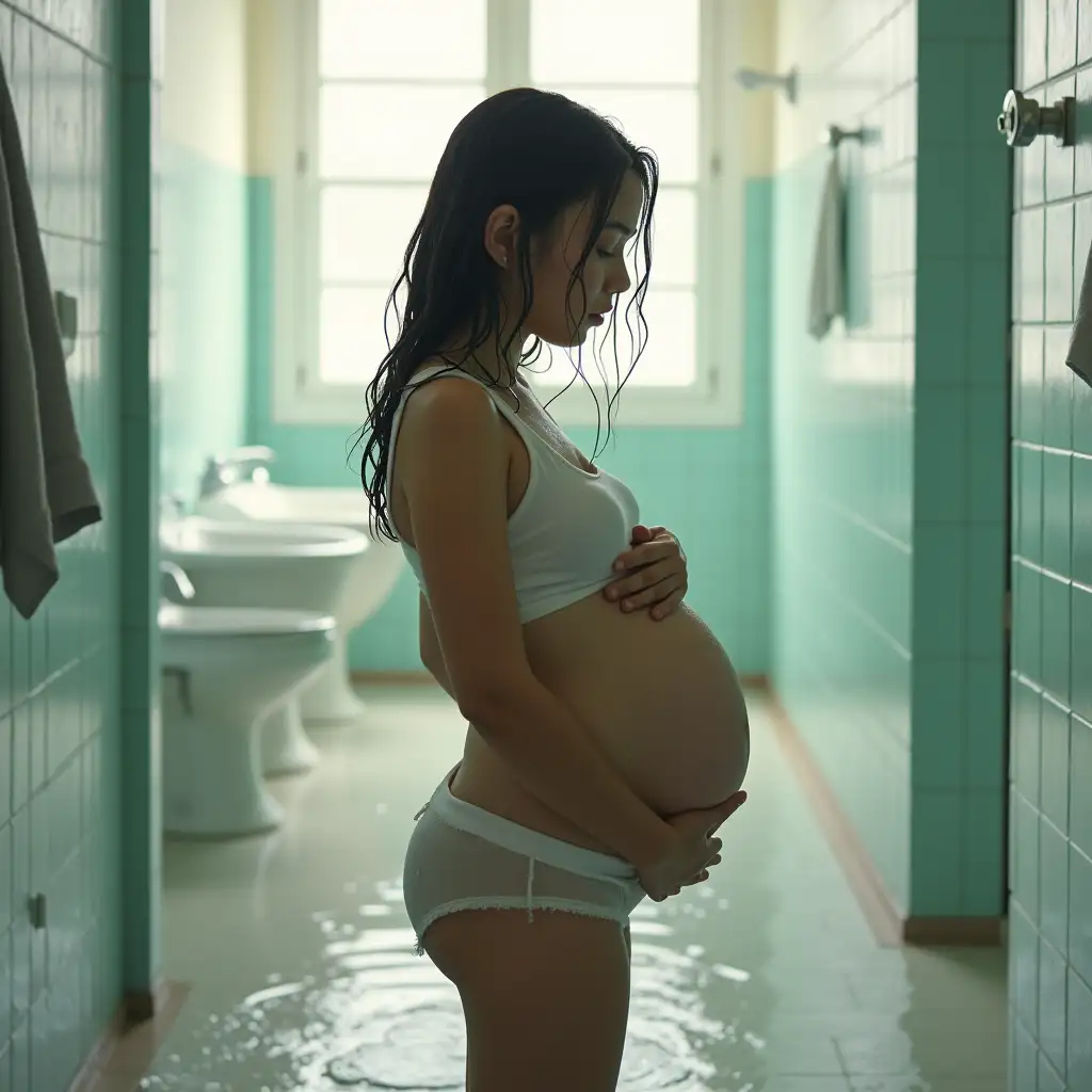 Pregnant-Girl-Floating-in-Bright-School-Bath-with-Wet-Hair