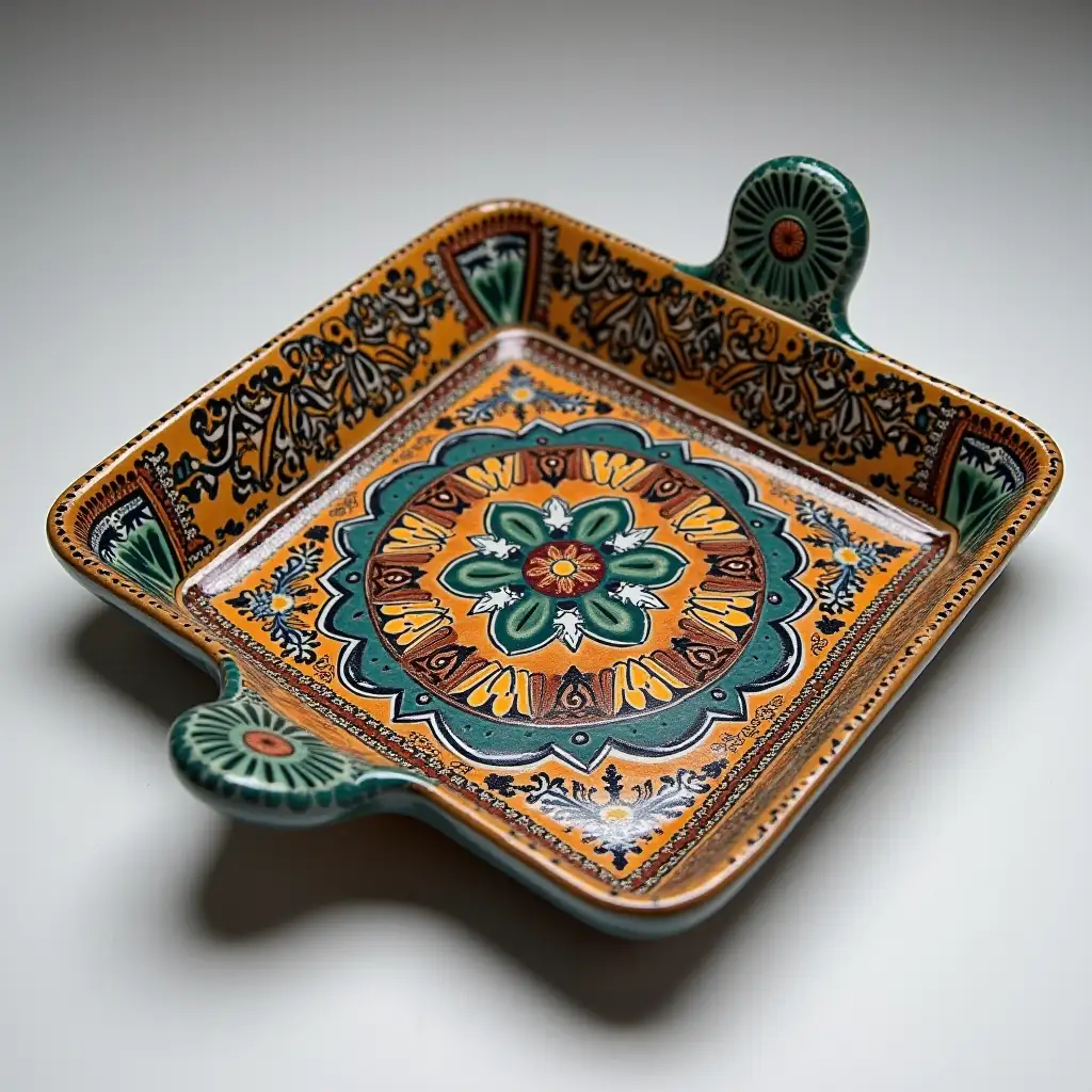 Square with rounded corners ceramic serving dish withe embossed beautiful handle, antique and old, Qajar art, Iranian Tabriz carpet design