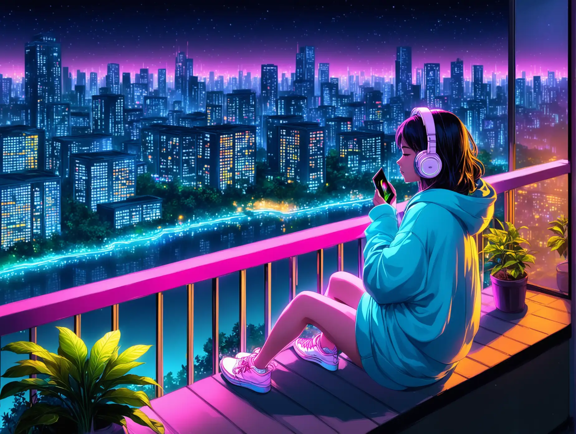 Young-Woman-Enjoying-a-Tranquil-Night-on-a-Balcony-with-Cityscape-View