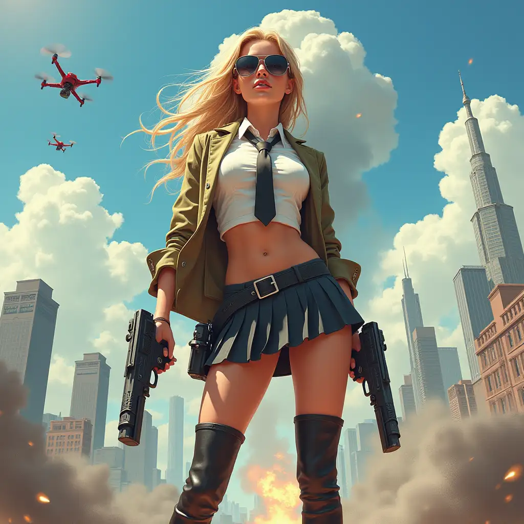 Wide-angle digital painting, (Beautiful woman in stylish school uniform, midriff showing, short skirt, combat boots, and sunglasses : 1.3), Triangular composition, Dynamic full-length pose, Confident expression, (Armed mercenary: 1.3), Gun grip, Supporting pose, City background, Skyscrapers in the distance, nuclear explosion in extreme distance, two small targeting drones above, (Bright sunlight: 1.2), Sharp contrasts, Bold colors, Clear details. female mercenary in cool cyberpunk style in colorful fantasy style, realism, post-apocalyptic landscape, cartel, bald rod, oil painting, rod Nostalgia, strong emotions, low angle, high detail, sharp focus