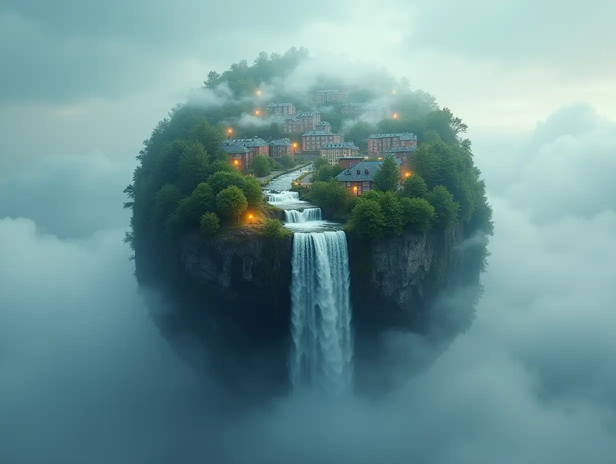 Create a globe whose upper half has a city seen diagonally from above with streets, street lamps, forest, waterfall coming out of it and with cloudy sky and fog