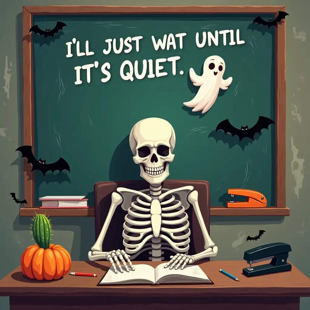 Vector illustration. A skeleton sitting at a teacher's desk, surrounded by Halloween decorations. A ghost hovers above the chalkboard, and a pumpkin sits on the desk. Bats fly around the room, and there is a stapler, pencils, and a cactus on the desk. fun horror classroom background. the text 'I''LL JUST WAIT UNTIL IT'S QUIET.' written above the chalkboard