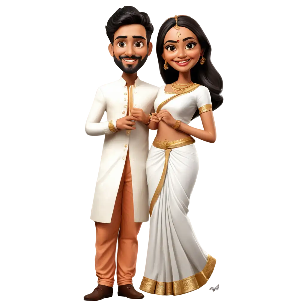 South-Indian-Wedding-Couple-Caricature-in-PNG-Format-Bride-in-Saree-and-Groom-in-Vest