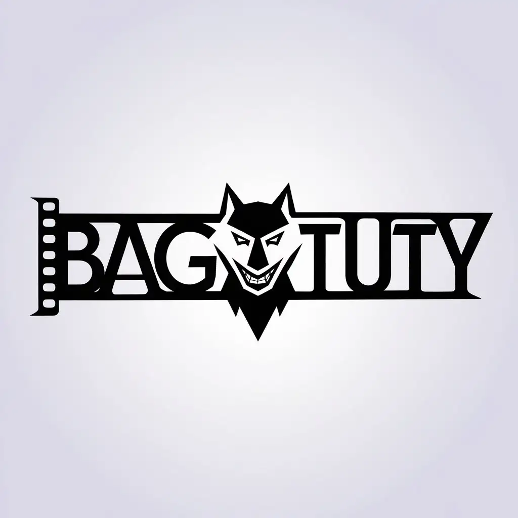 a vector logo design,with the text "BAGATUTY, symbol between name, black background", main symbol:Movie icon with a smirking wolf,Minimalistic,clear background