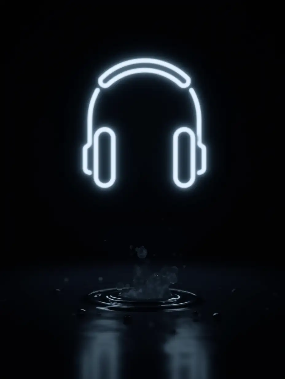 A minimalistic, futuristic design featuring a glowing neon outline of headphones suspended in a dark, moody environment. The headphones emit a bright white glow, reflecting faintly on a glossy or wet surface below. The background is pitch black, emphasizing the neon light and its soft reflections. Subtle abstract textures, like water droplets or faint streaks, add depth and intrigue to the scene. The overall atmosphere is modern, mysterious, and sleek, with a focus on the glowing element as the centerpiece.