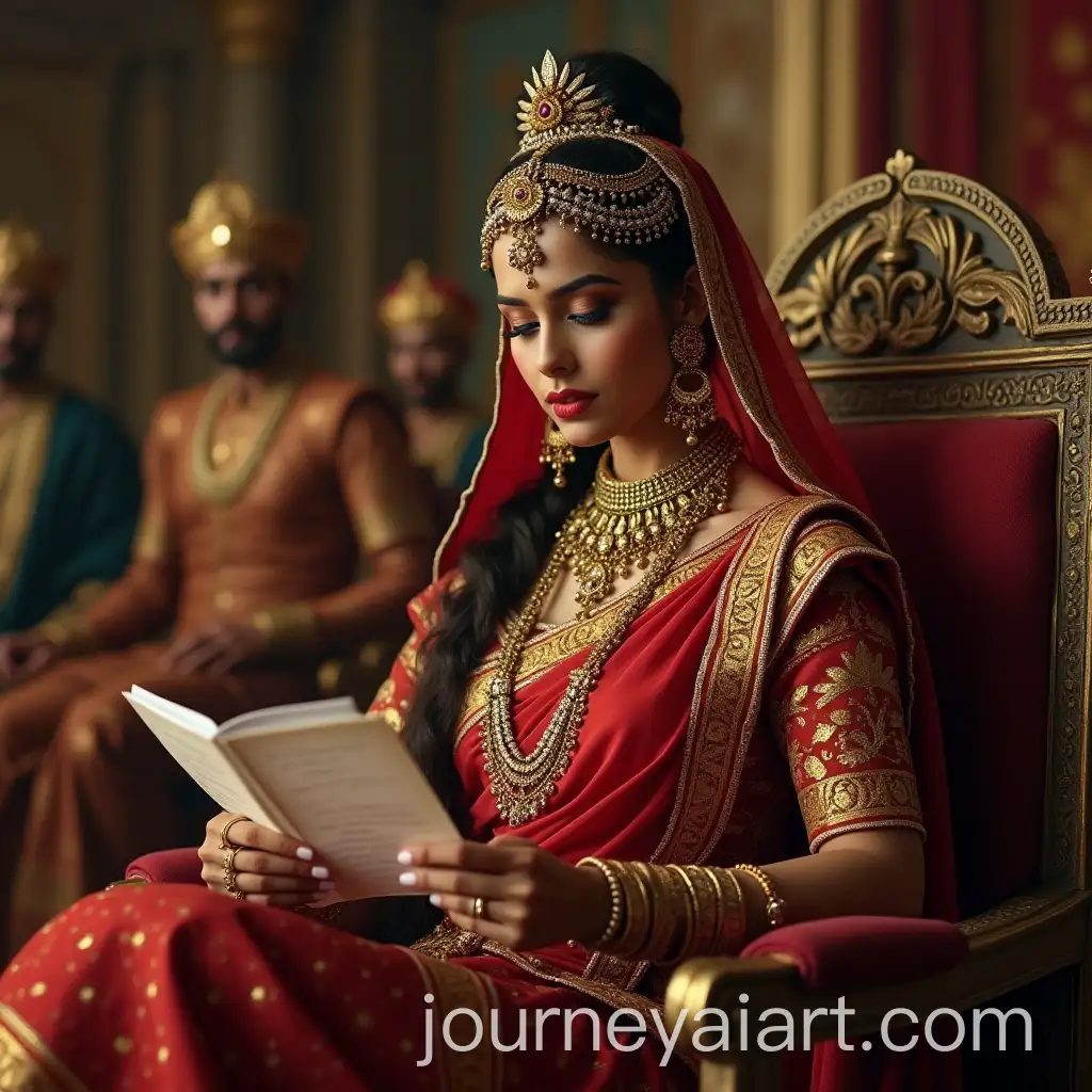 Indian-Rajput-Queen-on-Throne-in-Palace-with-Servants-and-Jewelry