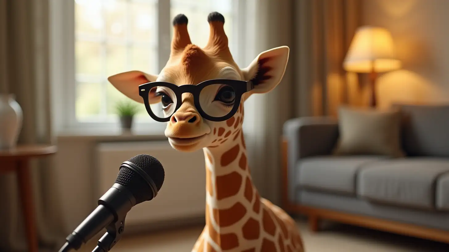 Adorable Baby Giraffe with Glasses Singing in a Cozy Apartment