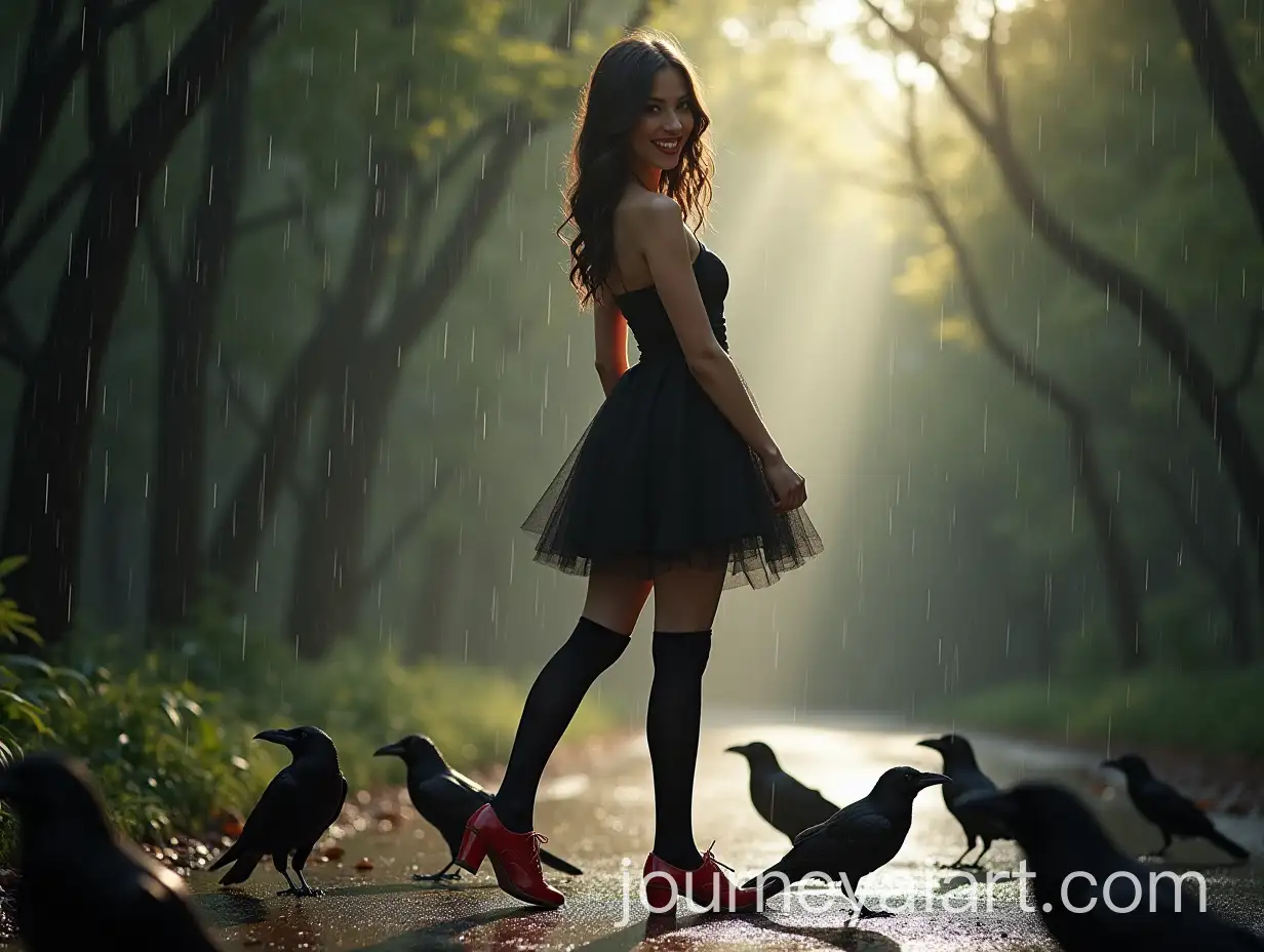 Woman-in-Red-Shoes-and-Mini-Skirt-with-Ravens-in-Rainy-Weather