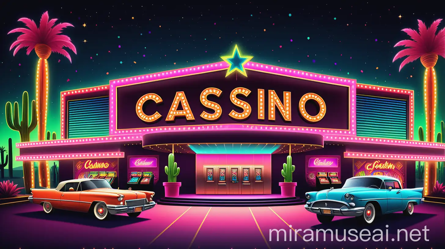 Vibrant NeonLit Casino Entrance Scene with Glowing Marquee Sign and Retro Vibe