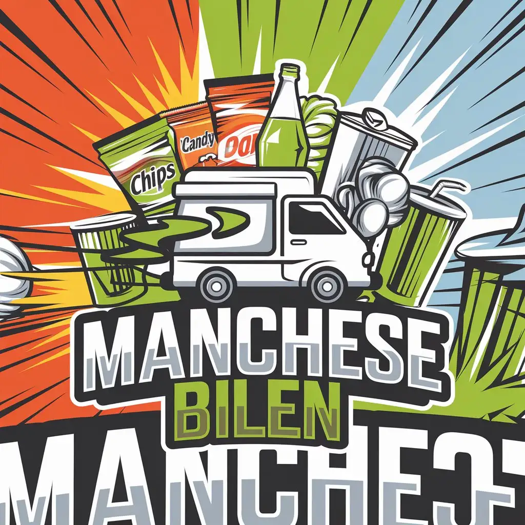 LOGO Design for Manchese Bilen VanDelivery Truck with Snacks Drinks and Motion Lines in Bright Colors