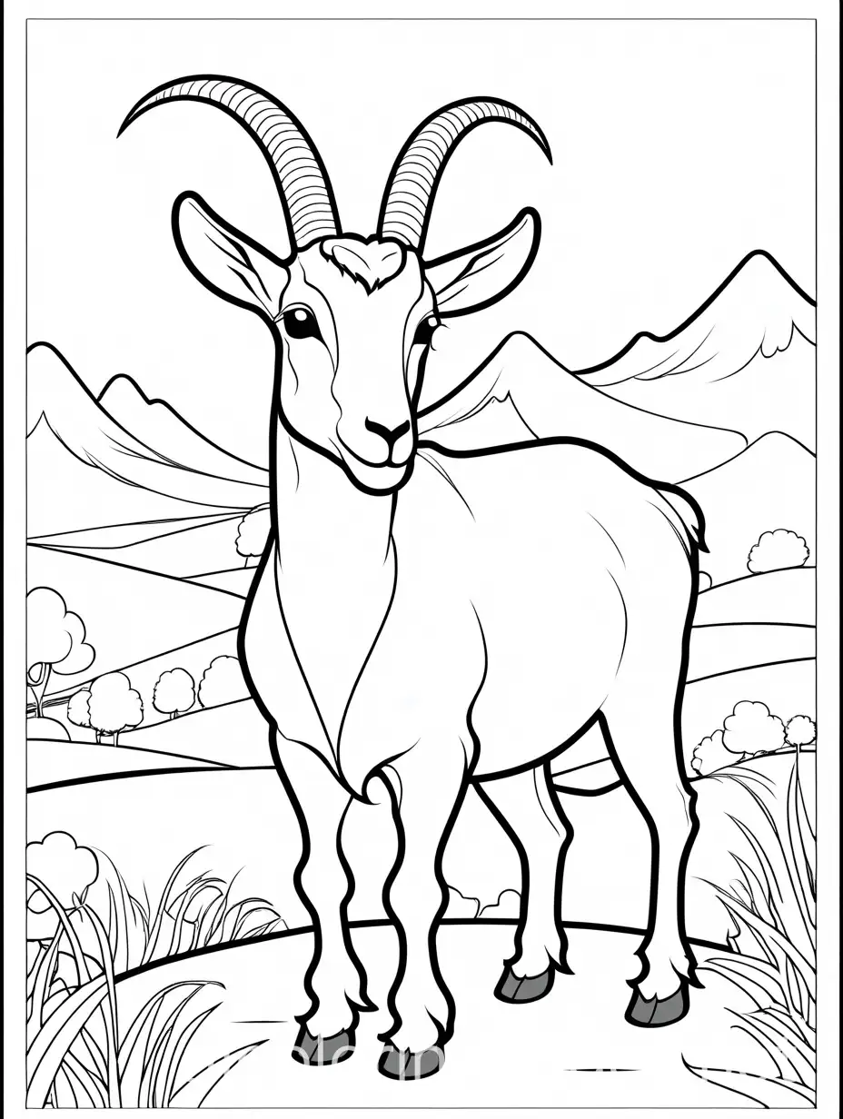 Generate a simple colouring image for kids of a goat, Coloring Page, black and white, line art, white background, Simplicity, Ample White Space. The background of the coloring page is plain white to make it easy for young children to color within the lines. The outlines of all the subjects are easy to distinguish, making it simple for kids to color without too much difficulty