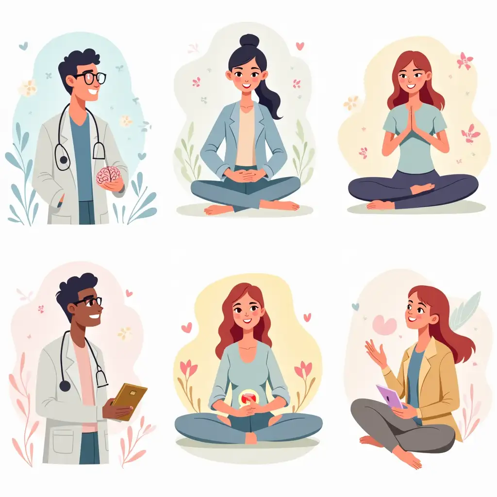 Create six distinct characters representing different specializations in medical psychology. Each character should have a friendly and professional appearance, with simple backgrounds that highlight their unique role. Use a consistent art style with soft, vibrant colors. Design each character so they can be easily separated into individual illustrations. Doctor Brainiac (Clinical Neuropsychology): A clinical neuropsychologist wearing a lab coat and glasses, holding a brain model in one hand and a clipboard in the other. The background features simple neuron patterns in blue tones. Lady Harmony (Gestalt Therapy): A gestalt therapist sitting cross-legged on a mat, surrounded by flowers and sunlight. The background features abstract shapes in pastel tones. Body Master (Psychology of Embodiment): A psychologist mid-movement, in a yoga pose or dance, wearing flowing clothing. The background includes glowing energy lines and earthy tones. Agent Extreme (Emergency Psychological Assistance): An emergency psychological assistant in a practical jacket with a medical emblem, holding a first-aid kit. The background subtly shows a cityscape with emergency lights in red and gray tones. Miss Love (Sexology in Medical Psychology): A sexologist seated in a warm setting, holding a notebook. The background includes soft heart shapes and pink tones. Fairy of New Beginnings (Perinatal Psychology): A perinatal psychologist depicted as a fairy with glowing wings, cradling a glowing orb. The background features soft clouds and pastel colors