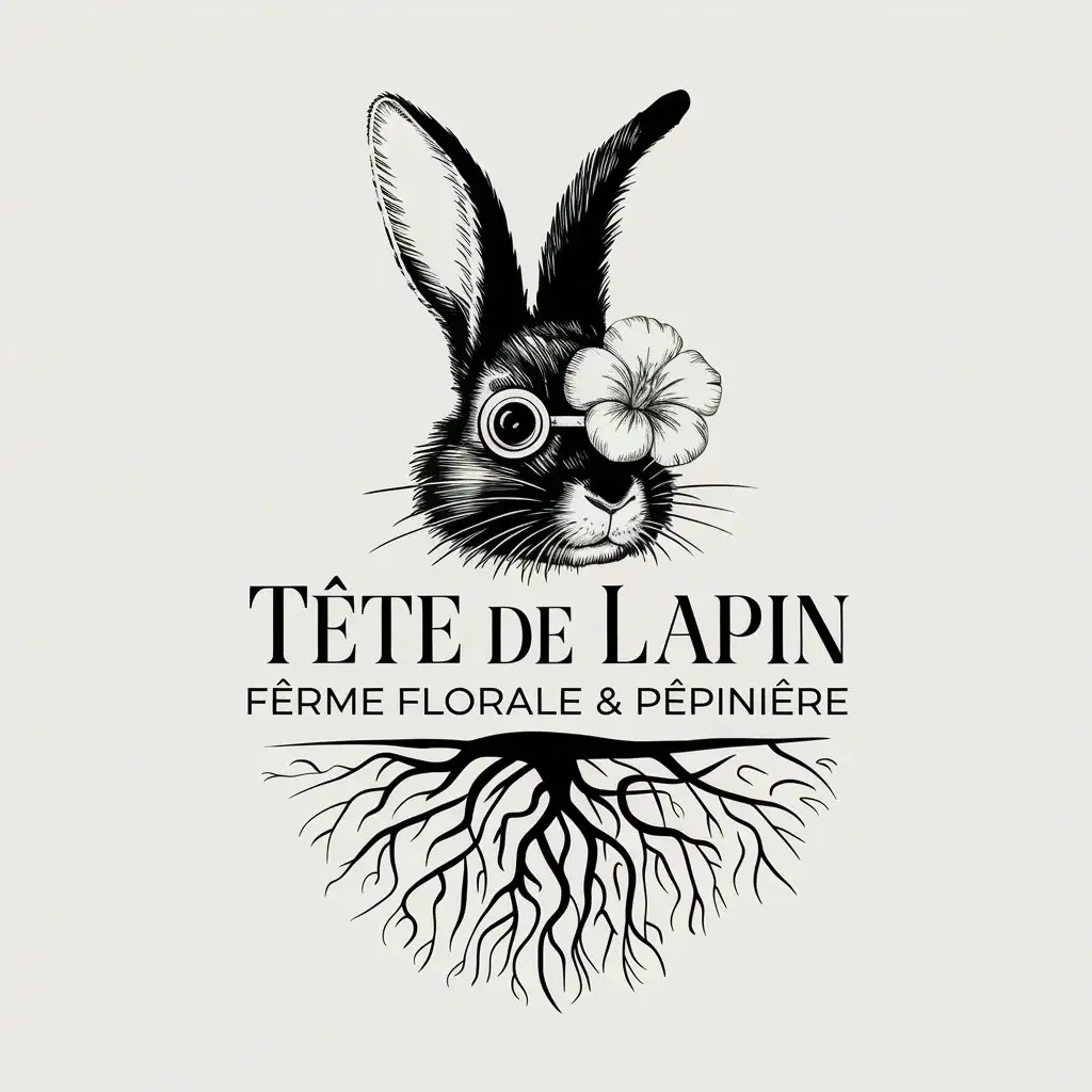 LOGO Design for Tte de Lapin Vintage Black and White Surreal Rabbit with Botanical Elements