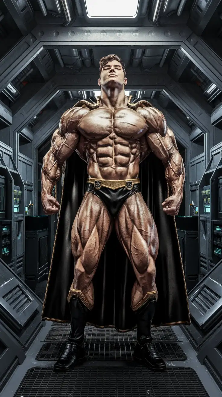 In a futuristic bunker. A powerfully muscled, hugely pumped, ripped musclegod bodybuilder superhero stands, his eyes closed in meditative contemplation. 18 years old. Photorealistic.