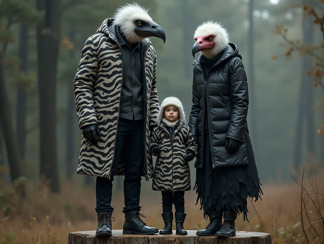 AI-fantasy family, man, woman, and children, with VULTURE face and black-and-white leather coat, zebra pattern standing on a stump in 4k