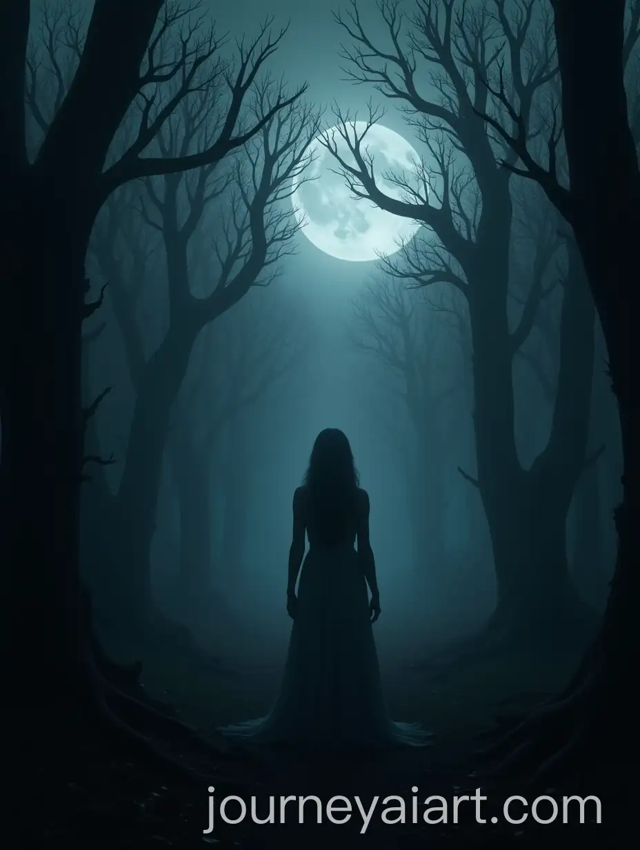 Eerie-Forest-at-Night-with-Ghostly-Moon-and-Mysterious-Figure