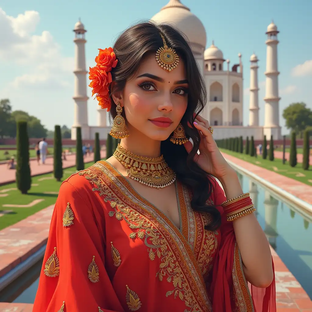 Create a digital painting showcasing vibrant Indian ethnic clothing, henna patterns, and floral jewelry on a female model set against the backdrop of the Taj Mahal celebrating the culture.