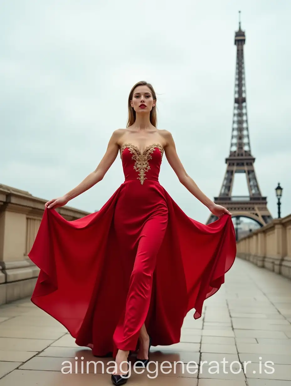 A striking image of a slender, Caucasian woman, 35 years old, centrally positioned against a backdrop of the Eiffel Tower in Paris. She is elegantly poised, arms outstretched, in a flowing strapless crimson gown; the intricate gold embroidery on the bodice catching the diffused light of an overcast Parisian day. The dress, a rich, saturated red silk, billows dramatically around her as she strides confidently, showcasing long, toned legs. Her strappy black stilettos add to the sophisticated elegance. Her expression is one of quiet, self-assured confidence; her gaze is direct yet serene. The low-angle perspective emphasizes her height and the grandeur of the scene. The light gray, subtly patterned Parisian sidewalk forms a neutral base against the vibrant red gown. The Eiffel Tower, slightly off-center to the right, is rendered with crisp detail, emphasizing its intricate latticework against the pale gray sky. The lighting is soft and natural, casting no harsh shadows, enhancing the luxurious feel. The overall aesthetic blends high fashion photography with the romanticism of Paris, creating a mood that is both celebratory and sophisticated. The style is reminiscent of classic Hollywood glamour, with a touch of contemporary high-fashion editorial. The composition is balanced, utilizing the rule of thirds, with the woman's powerful pose contrasting with the timeless elegance of the Eiffel Tower. Visible texture includes the smooth silk of the dress, the subtle texture of the Parisian pavement, and the metallic gleam of the Eiffel Tower.