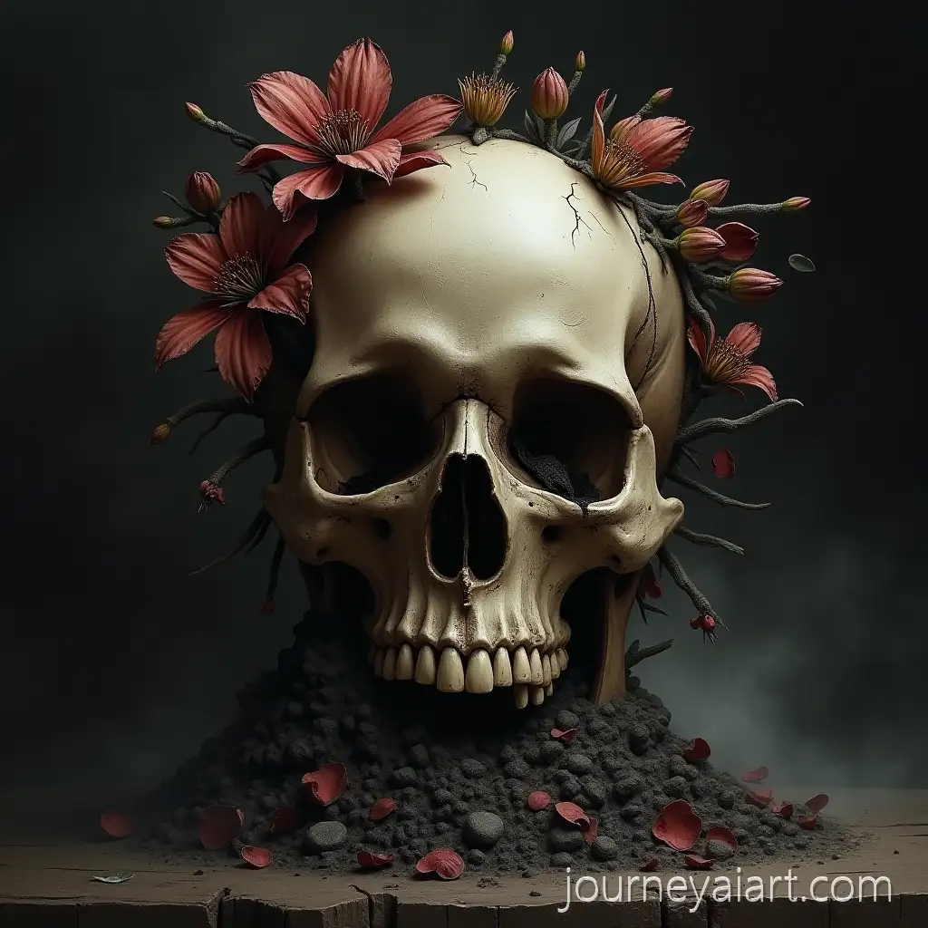Gothic-Skull-with-Wilted-Dark-Flowers-and-Ashy-Petals-in-Moody-Fog