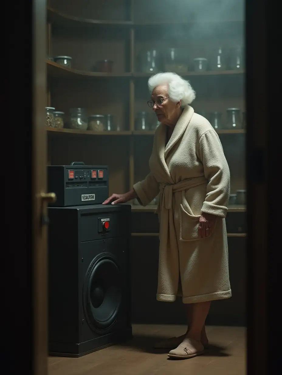 Grandma in a bathrobe and slippers stands in an old pantry and looks with surprise at a strange black subwoofer with a red button 'DO NOT PRESS!'. The camera seems to be focused on the button. Light fog, background - shelves and glass jars. Realistic style, vertical frame.
