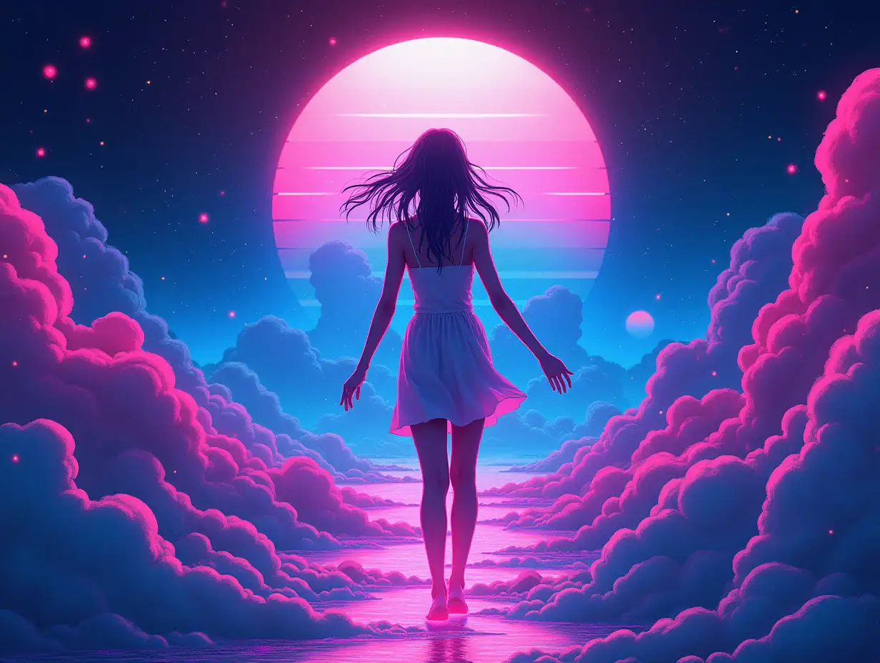 Create a visually striking album cover for a synthwave song featuring a contralto female vocalist. The theme revolves around the search for the meaning of life, capturing the protagonist's journey through doubts and challenges. Illustrate a moment of profound spiritual awakening, where vibrant colors and dynamic shapes symbolize transformation and new perspectives. Incorporate elements that reflect the synth-pop and electronic music genres, such as retro-futuristic landscapes, neon lights, and abstract patterns. The cover should evoke feelings of joy, purpose, and enlightenment, inviting the listener into a world of indie synthwave aesthetics. Use a color palette that combines deep blues, purples, and bright pinks to create an ethereal yet energetic atmosphere.
