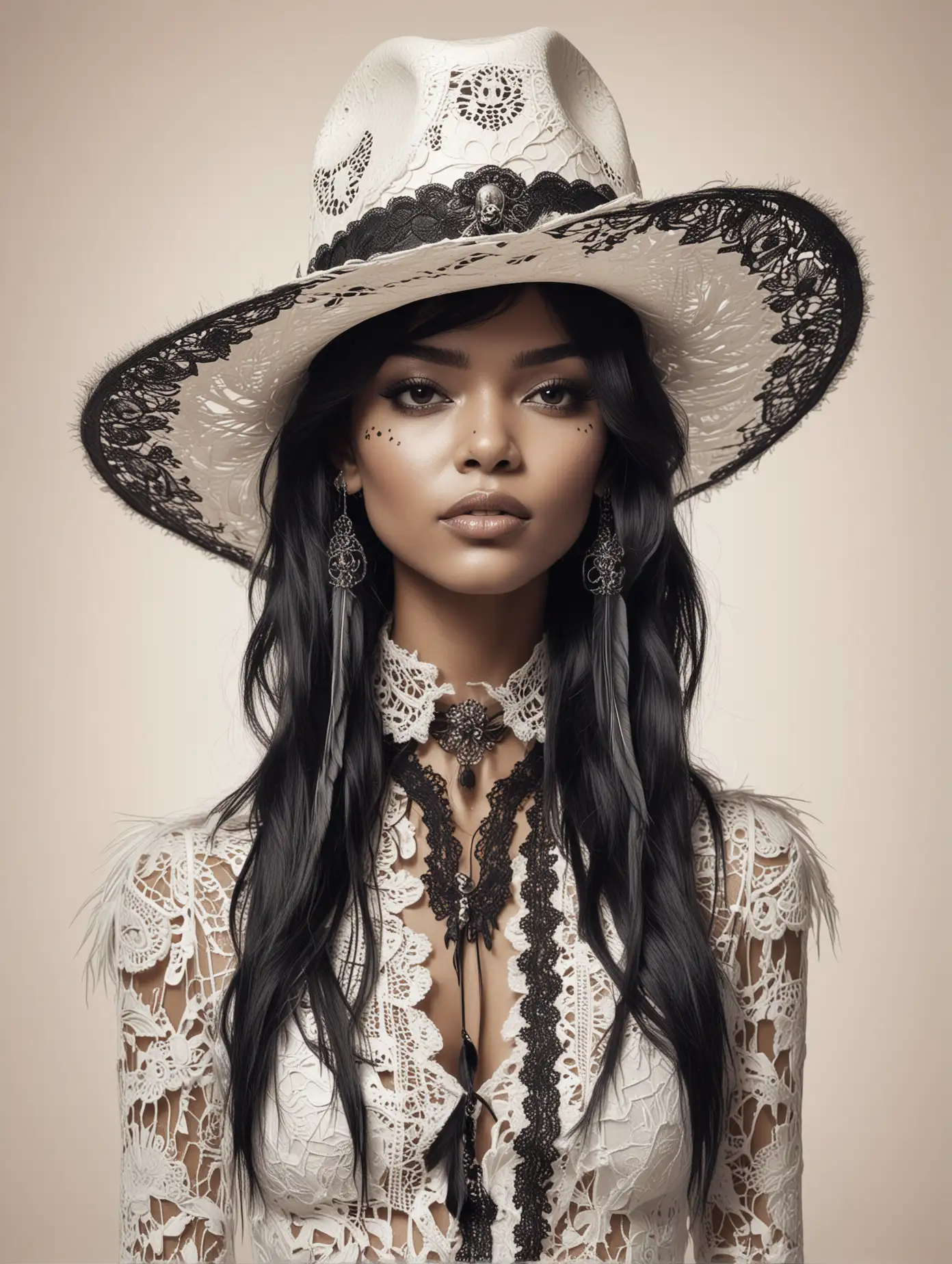 BIPOC-Model-in-HighFashion-White-Cowboy-Hat-with-Lace-Skull-Motifs-and-Feather-Plume