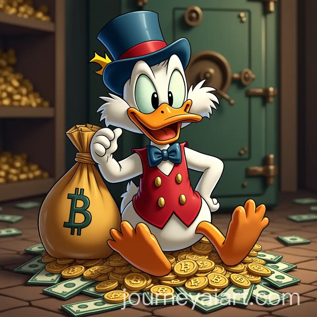 Rich-Duck-with-Bitcoin-and-Treasure-Pile-in-Cartoon-Style