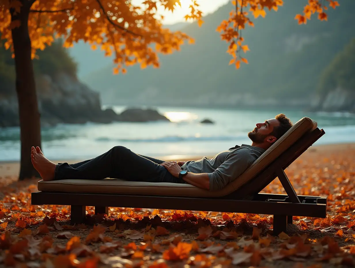 A man lies on a chaise longue on an autumn beach, realistic photo