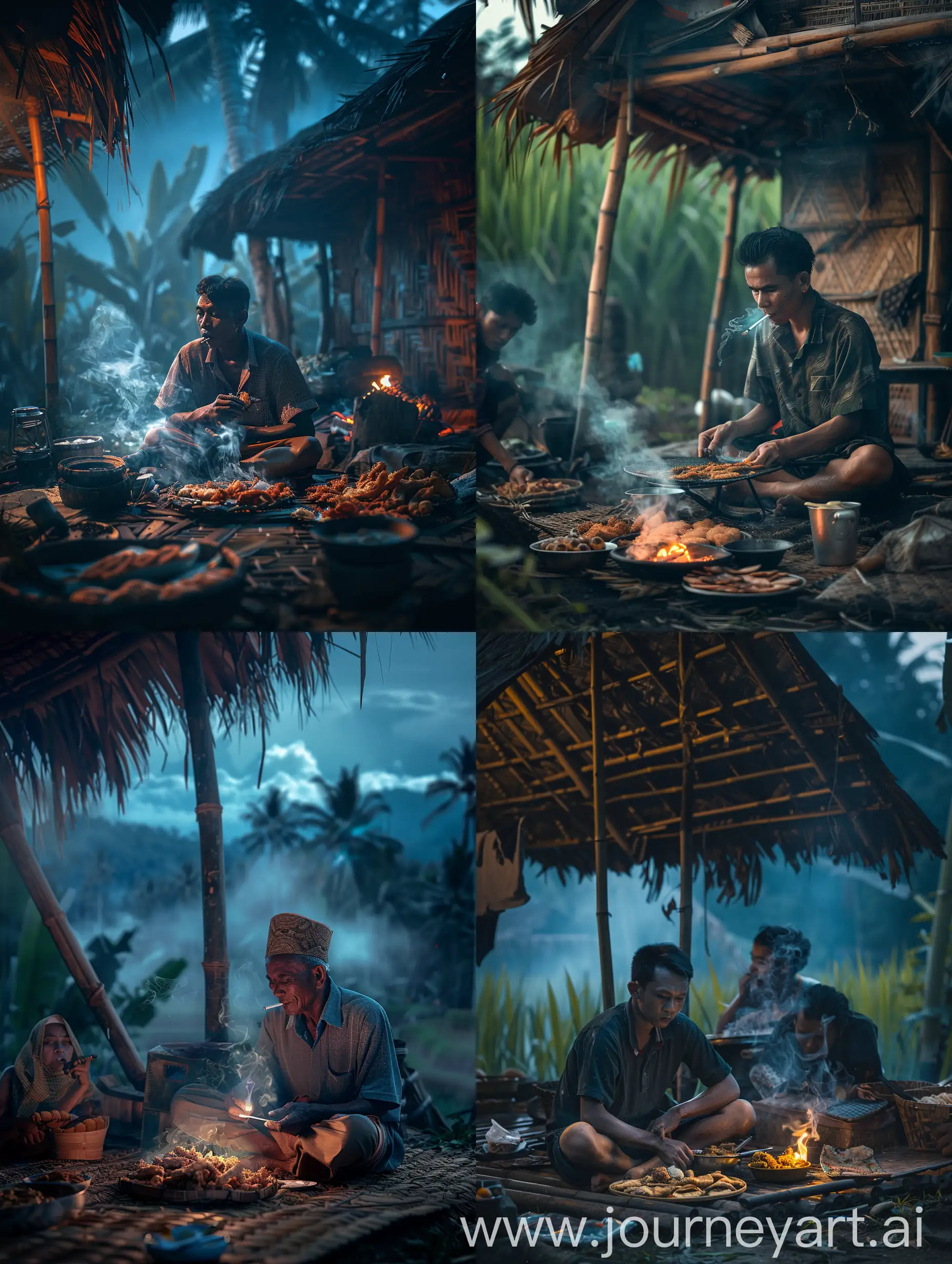 Indonesian-Muslim-Man-Smoking-by-Bamboo-House-with-Fried-Foods-and-Coffee