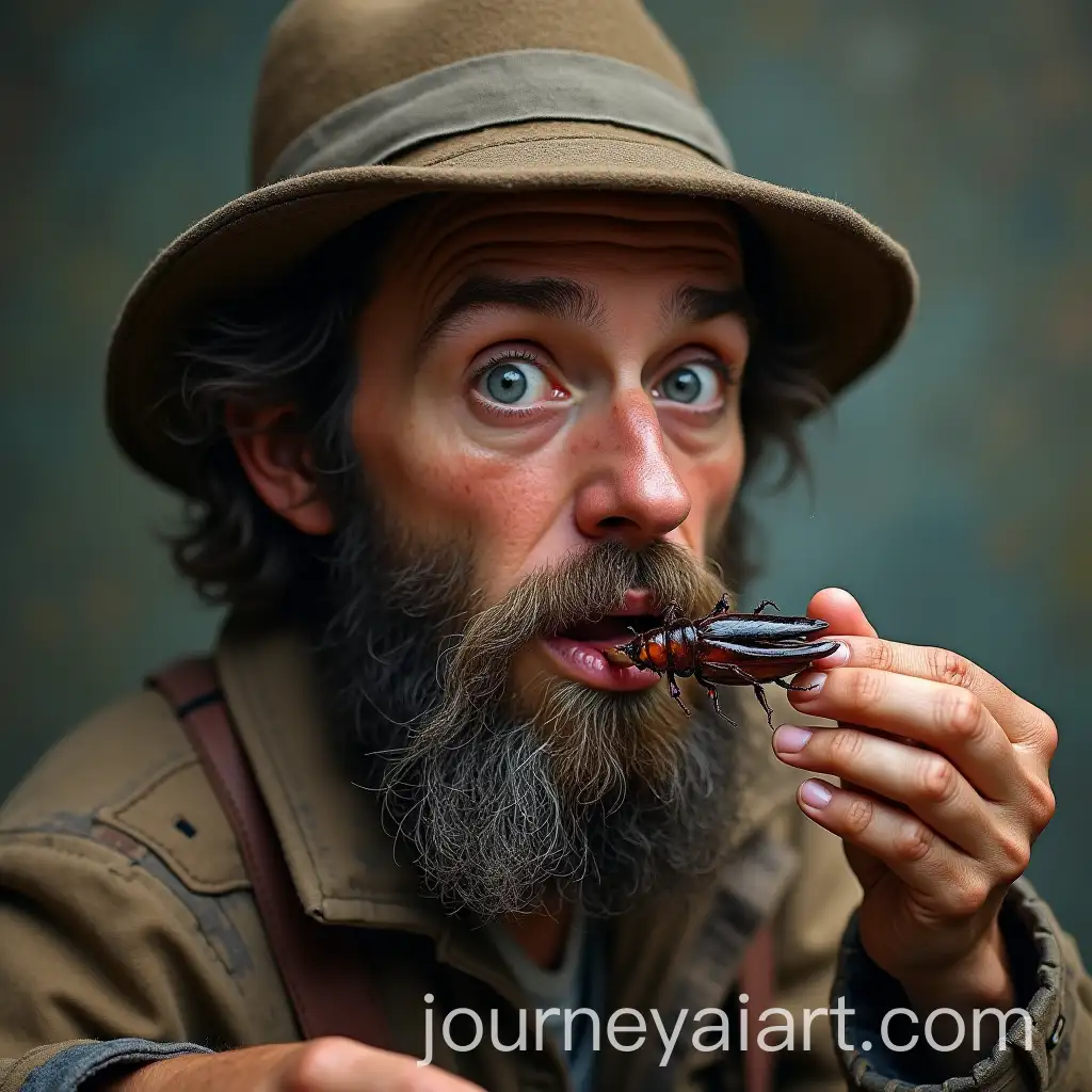 Hobo-Boy-with-Beard-and-Hat-Eating-Cockroaches-in-a-Gritty-Urban-Setting