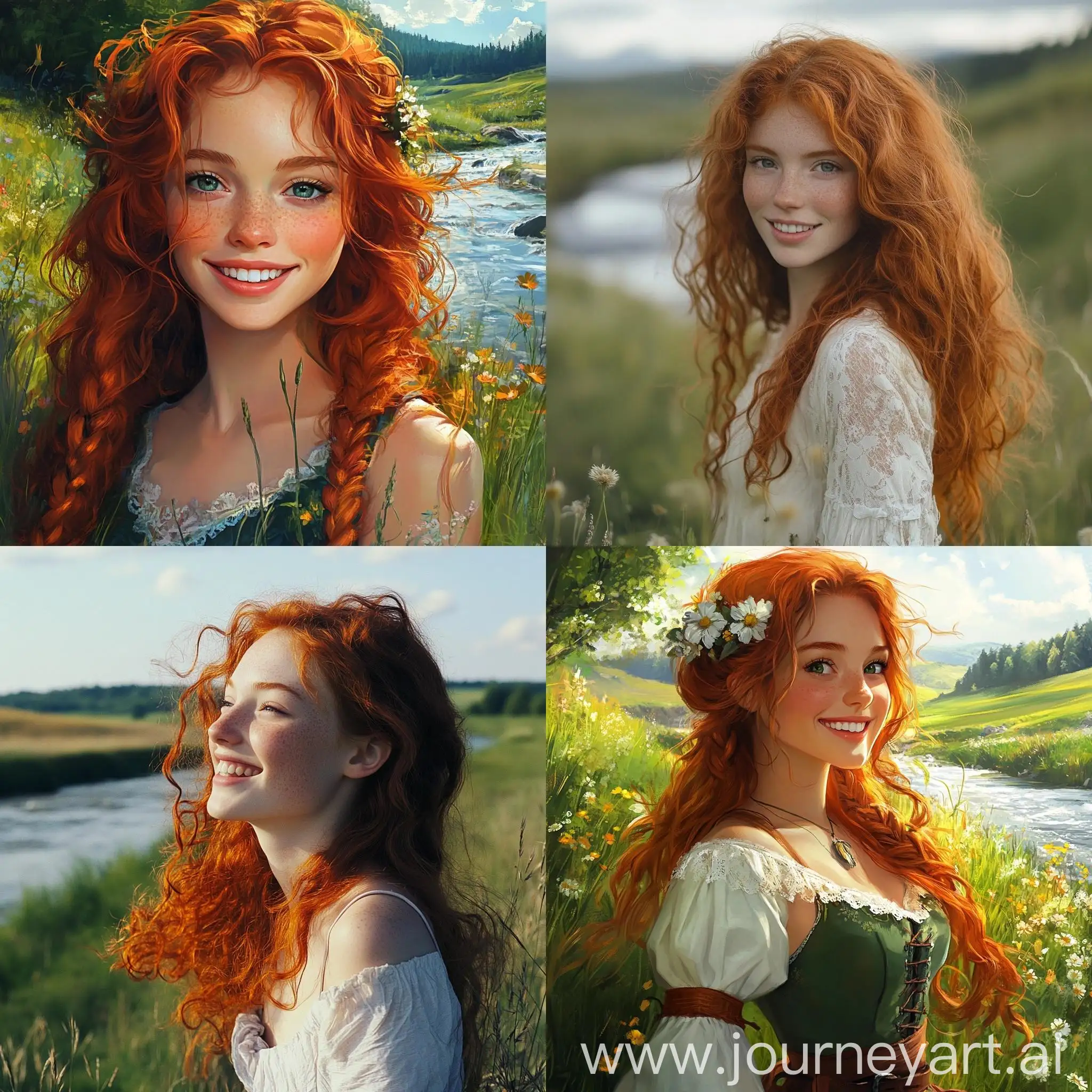 RedHaired-Girl-Smiling-on-a-Green-Meadow-Near-a-River